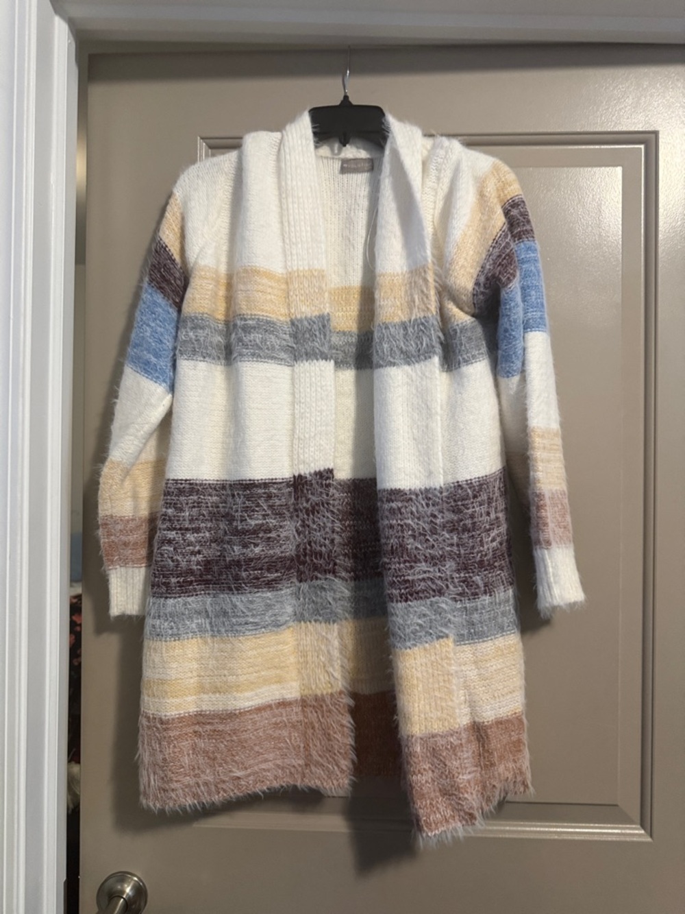 Striped Open-Front Fuzzy Cardigan - Cream with Blue, Gray, Mustard & Taupe